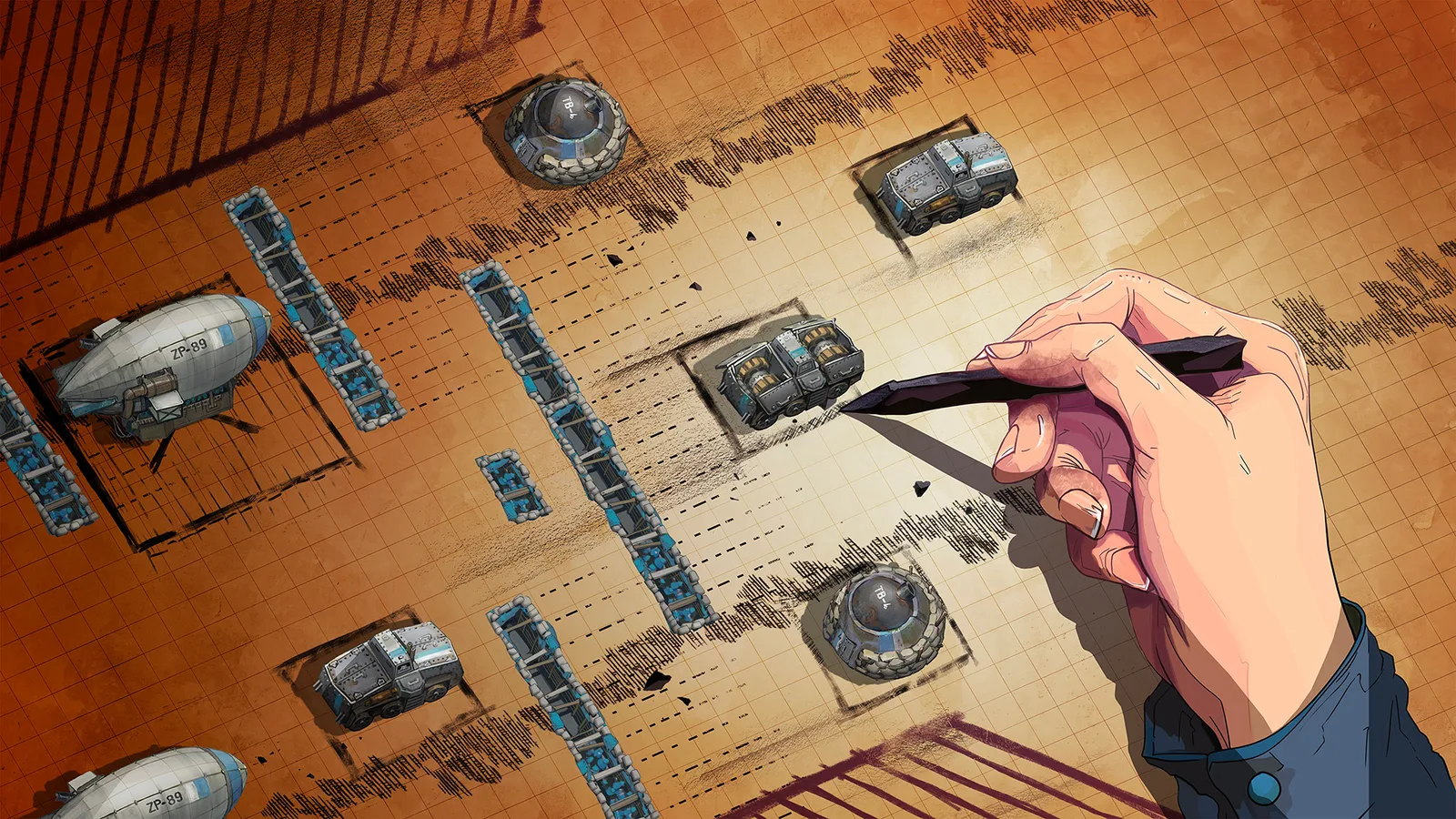 A hand draws trenches, bunkers, ironclads and airships on a plan, illustration of the game's brand identity